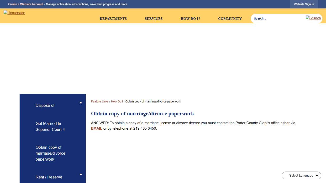 Obtain copy of marriage/divorce paperwork Porter County, IN - Official Website
