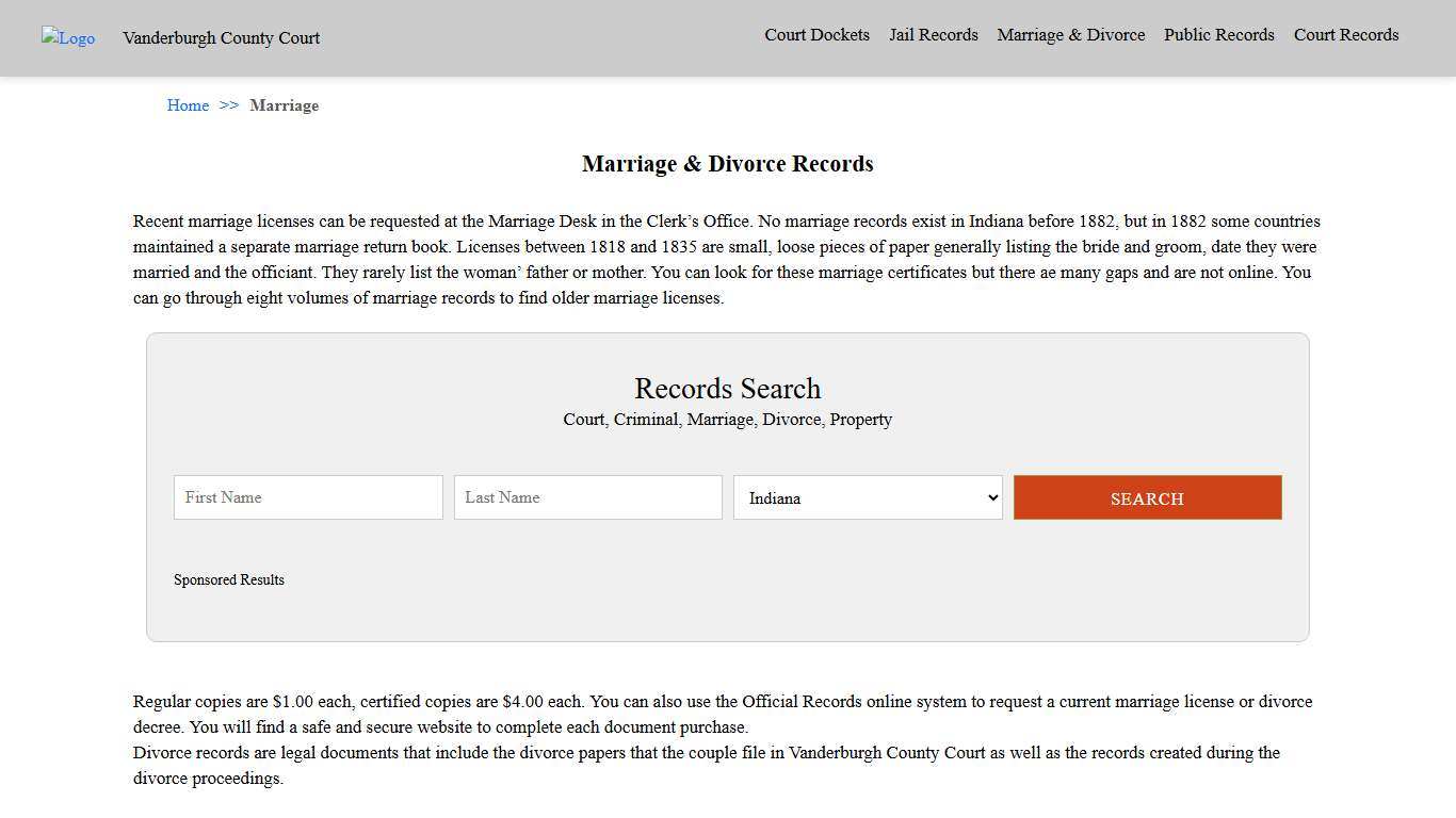 Marriage & Divorce Records Vanderburgh County Court